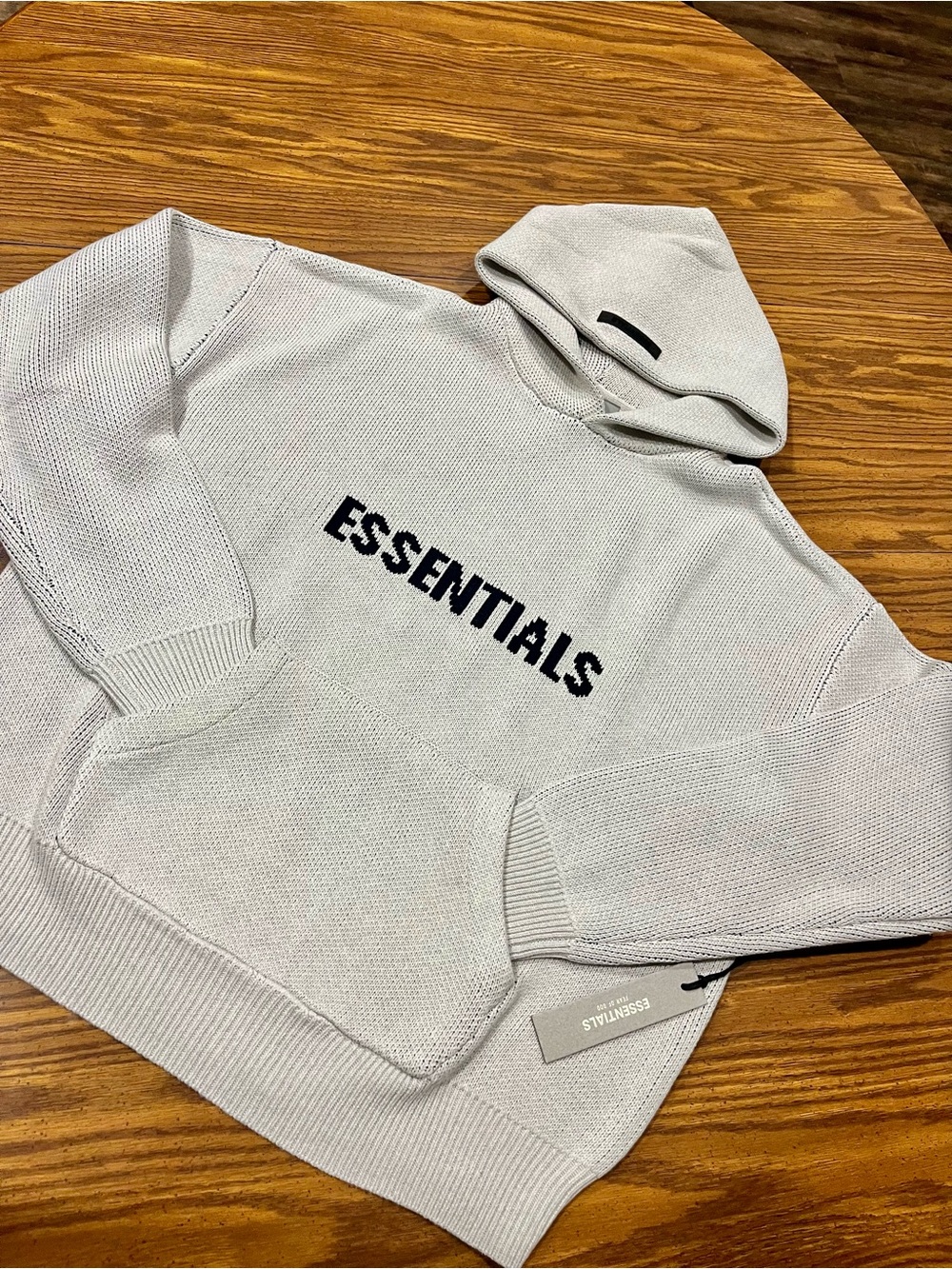 Fear of God ESSENTIALS Oatmeal Knitted Hoodie Small with black print